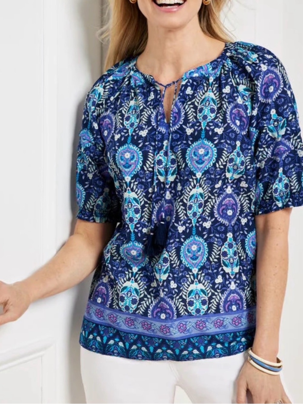 Talbots Blue Purple Medallion Tassel Tie V-neck Pleated Sleeve Peasant Top XL